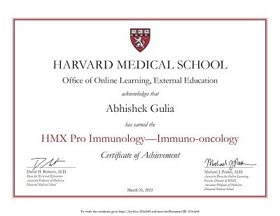 Received Certificate of Achievement in Immuno-Oncology from Harvard Medical School, US